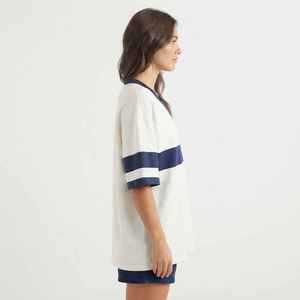 <b>Women's</b> White <b>V</b>-<b>Neck</b> Oversized <b>T</b>-<b>Shirt</b> Three Quarter Sleeve Color Blocking Logo Print Loose Fit Spring Summer Cotton - Product Image 4