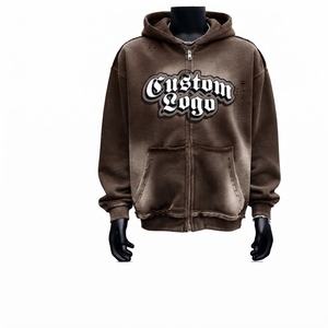 Sudadera con capucha y cremallera para hombre, estilo hip hop, color marrón lavado, con estampado gráfico y bolsillo frontal, ropa urbana, color personalizado, precio al por mayor - Product Image 1
