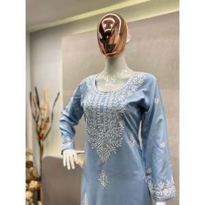 DESIGNER RAYON COTON BRODERIE TRAVAIL KURTI AVEC PALAZZO SKY - Product Image 3