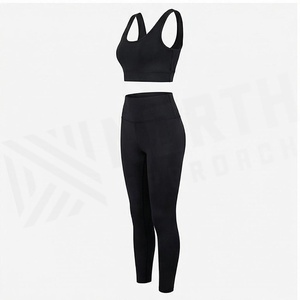 2 Piece Yoga Set Solid <b>Black</b> Seamless High Waist <b>Leggings</b> Crop Top Racerback Sleeveless Full Length Sportswear - Product Image 3