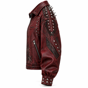 Studded Spiked Red Leather <b>Jacket</b> Gothic Graphic Print <b>Womens</b> Point Collar Zip Pocket Bomber Coat Custom Factory Service Provide - Product Image 4