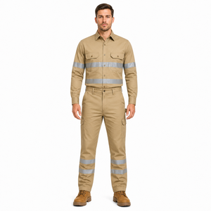 Unisex Hi Visibility <b>Waterproof</b> Workwear Uniform Long Sleeve Shirt Cargo Pants Set Reflective Tape Beige Cotton <b>Work</b> Suit - Product Image 1
