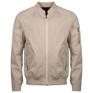 Men's Beige Solid Silk Shell Bomber Jacket Stand Collar Zipper Closure Hooded Breathable Streetwear Winter Wear - Product Image 2