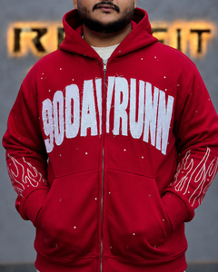 <b>Red</b> <b>Men's</b> Zip-Up Hoodie Oversized Streetwear Embroidery Letter Design Front Logo Autumn Wear Cotton Rhinestones <b>Sweatshirt</b> - Product Image 2