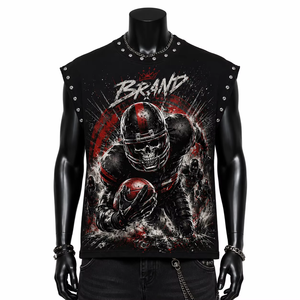 Custom Sleeveless Tank <b>Top</b> Men Streetwear Style <b>Skull</b> Football Graphic Print Rivet Decoration Crew Neck 100% Cotton Tank <b>Top</b> - Product Image 5