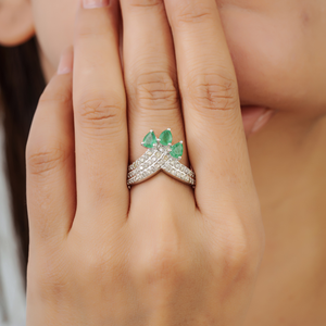 Beautiful 925 Sterling <b>Silver</b> 100% Genuine <b>Emerald</b> & Diamond Curved Band Cocktail <b>Ring</b> For Women's Party Wear Accessories - Product Image 4