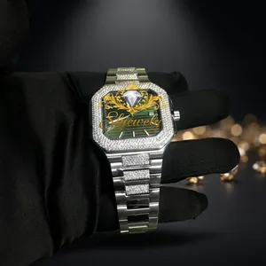 Montre de luxe pour homme en acier inoxydable avec cadran vert, quartz octogonal glacé, accent diamant, fermoir déployant, 40 mm - Product Image 5