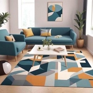 Hand <b>Tufted</b> Blue Mustard Geometric Wool <b>Rug</b>, Modern Abstract Area Carpet for Living Room Bedroom Home Decor Wholesale Supplier - Product Image 1
