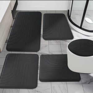 Modern 4-Piece Black Bath <b>Mats</b> <b>Set</b> Rectangle Memory Foam Non-Slip Rubber Backing Thick for Home <b>Bathroom</b> Use - Product Image 4