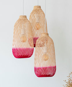 Pink Bamboo <b>Cluster</b> Pendant <b>Light</b> Triple Drop Ceiling Lamp Hand Dyed Flexible Lampshade Boho Lighting Supplier - Product Image 2