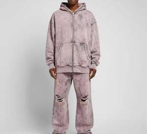 Ensemble 2 pièces unisexe de survêtement décontracté avec sweat à capuche zippé et pantalon évasé délavé à l'acide, séchage rapide, respirant et confortable - Product Image 1