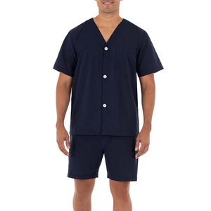 Conjunto de Pijama de Dos Piezas para Hombre, Cuello en V, Manga Corta, Color Azul Marino, Tejido de Algodón, Informal, Transpirable, para Verano - Product Image 3