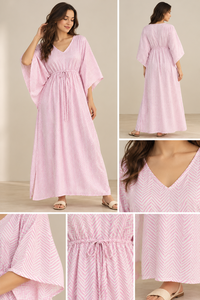 Robe longue bohème géométrique tissée rose pour femme, col en V, sans manches, taille ample avec cordon de serrage, décontractée d'été, kaftan de plage 100% coton - Product Image 5