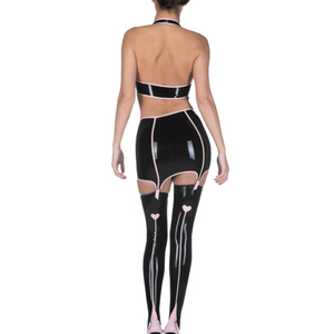 Collants noirs opaques au-dessus du genou avec nœud rose et rayures, collants sexy pour femmes, à porter en toutes saisons pour les fêtes - Product Image 3