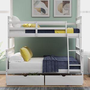 Letto a Castello Bianco con Letto Singolo Sopra e Letto Matrimoniale, con Scala e Ringhiera di Sicurezza, Due Cassetti Portaoggetti per Bambini - Product Image 3