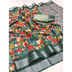 SIGNER LIN SOIE IMPRESSION NUMÉRIQUE AVEC BORDURE ARGENT TRAVAIL SAREE AVEC CHEMISIER NON COUDU VERT - Product Image 1