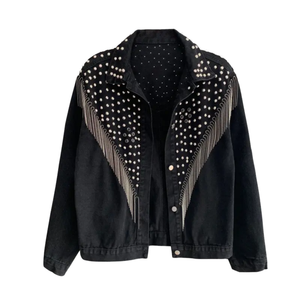 Chaqueta vaquera para mujer con remaches y flecos, corte holgado, cuello vuelto, manga larga, ropa exterior informal para primavera y verano - Product Image 2