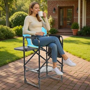 31\" Tall Portable Bar Height Directors Chair with Cup Holder & Side Table <b>Storage</b> 4-Fold <b>Camping</b> Chair and Footrest - Product Image 2