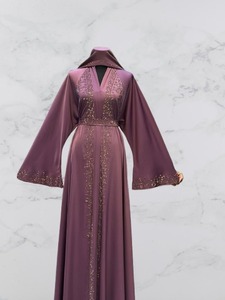 Hooded Long Sleeve Floor Length Modest <b>Abaya</b> with Sequined Detail V Neck Women Middle East Style Solid Purple Polyester <b>Wedding</b> - Product Image 2