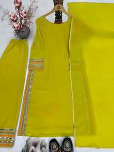 Conjunto de kurti largo y palazzo de georgette sintética pesada con bordado de lentejuelas y dupatta con borde de encaje elegante. - Product Image 5