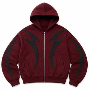 Sudadera con Capucha y Cremallera para Hombre, Color Granate, de Algodón, con Diseño Estampado en Silicona Negra, Lavado Ácido, Bolsillo Delantero, Corte Regular, Ropa Casual de Invierno - Product Image 1