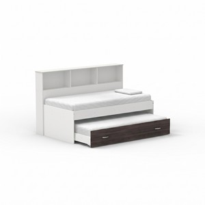 Lit de repos moderne 2227 avec lit gigogne intégré, tête de lit bibliothèque à 3 compartiments et étagères de rangement, mobilier en bois pour chambre d'enfant - Product Image 4