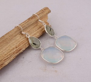 Boucles d'oreilles multi-pierres en préhnite naturelle et opalite, en argent sterling 925, facettées, forme goutte et coussin, bijoux en gros - Product Image 3