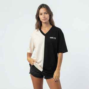 Hawk Eye Women's Color Blocked <b>V</b>-<b>Neck</b> <b>T</b>-<b>Shirt</b> Loose Fit Short Sleeve 100% Cotton Jersey Breathable <b>Oversized</b> Top Spring Summer - Product Image 1