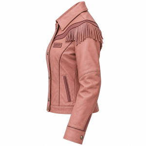 Dusty Rose Pink Fringe <b>Womens</b> Real Leather Jacket Western Style Button Up Yoke Trimmed <b>Outerwear</b> Coat Custom B2B Vendor - Product Image 4