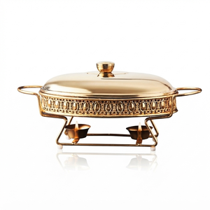 Plat à chafing dish ovale doré élégant avec bord à motif en relief, support pour bougie et plat en acier inoxydable pour usage domestique et hôtelier - Product Image 1