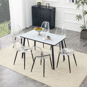 Set di Sedie da Pranzo con Piano in Vetro Effetto Marmo Bianco, Base in MDF e 6 Sedie con Gambe in Metallo Nero Trasparente - Product Image 1