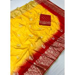 ผ้าส่าหรีแบบทอจากผ้ามัสลินผ้าไหมซาริสีเหลือง - Product Image 1