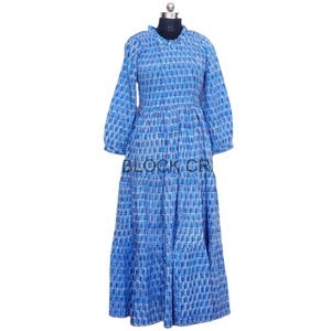 Vestido Midi de Algodón, Lavable, Ecológico, Transpirable, Cuello Redondo, Dobladillo Acampanado, Ajustado, Manga 3/4, Hecho a Mano en India, Estampado Bohemio - Product Image 1
