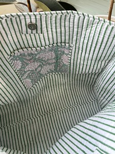 Bolsa de compras grande, ecológica, con asas de cuerda, acolchada, hecha a mano, de algodón a rayas para mujer - Product Image 3