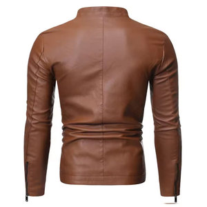 Perfectionists Men's <b>Brown</b> PU <b>Leather</b> Varsity <b>Jacket</b> Turn-down Collar Zipper Closure Slim Fit Autumn Wear Regular Sleeve Solid - Product Image 3