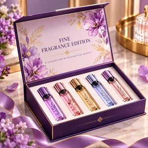 Exclusive Fragrance Sample Set 6pc Colorful Glass Bottles Magnetic Closure <b>Pink</b> Floral Box Gold Foil Logo Rigid Cosmetic Gift - Product Image 5