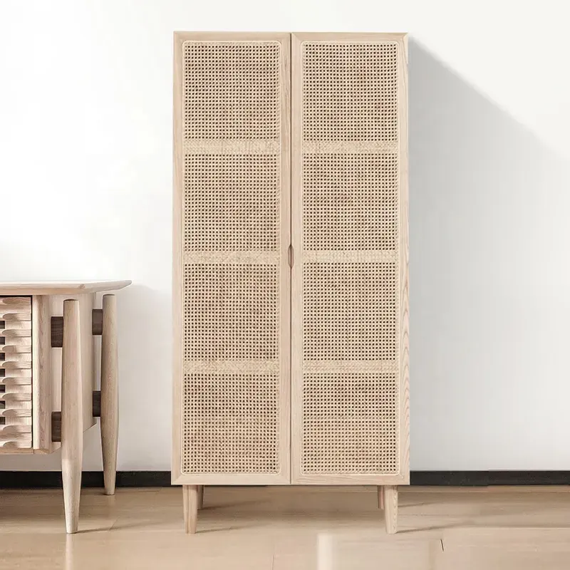 Cottage 2-türiger Rattan schrank mit versteckter Schublade Natural Woven Cabinet Kleider schrank Wohnzimmer