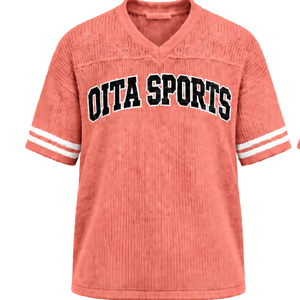 <b>Coral</b> Pink Custom Knitted V Neck Jersey Short Sleeve Striped Sports Shirt Breathable Oversized Casual Athletic Teamwear <b>Top</b> - Product Image 1