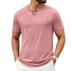 T-shirt Homme Slim Fit à Manches Courtes Rose Uni en Coton Tricoté Décontracté Col Rond Respirant - Product Image 1