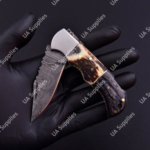 Cuchillo Plegable de Acero de Damasco Hecho a Mano de Grado Industrial con Mango de Cuerno de Ciervo y Madera, Punta Caída, para Acampada al Aire Libre y Uso Diario (EDC) - Product Image 3
