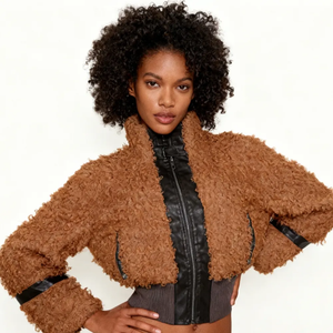 Veste décontractée d'hiver pour femme avec col rabattu, patchwork en velours et logo, design respirant - Product Image 5