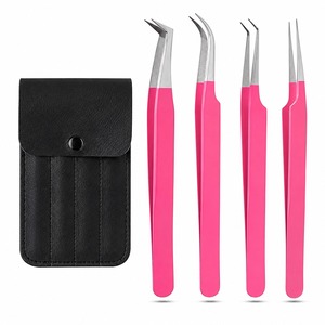 4Pcs <b>Pink</b> Eyelash Tweezers <b>Set</b> Stainless Steel Precision Curved Straight Tip Lash Extension Beauty <b>Tools</b> with Storage Case - Product Image 1