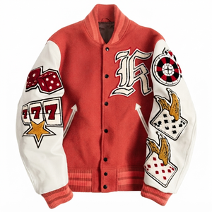 Chaqueta Varsity Blanca para Hombre con Bordado de Dados 777 y Parches de Cartas, Estilo Preppy, Ropa de Otoño - Product Image 6