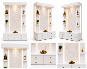 Mueble de Pooja de Madera de Teca de Diseño Moderno y Lujoso, con Símbolo Om y Detalles en Dorado, Nuevo, Duradero, Color Marfil, Tamaño Personalizado, Decoración para el Hogar - Product Image 6