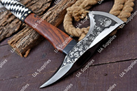 Hache de survie en acier au carbone de qualité industrielle, forgée à la main, motif crâne, manche en bois de rose et cuir, pour la chasse et les activités de plein air