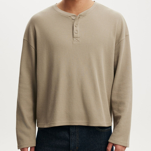 <b>Men's</b> Olive Green <b>Henley</b> <b>Long</b> <b>Sleeve</b> Knitted T-Shirt Regular Fit Button Up Collar Casual Autumn Wear - Product Image 3