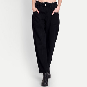 High Waist Black Canvas Harem Pants Women's Casual Loose Fit <b>Ankle</b>-Length With Frayed Edges Button Fly Solid Color Woven Cotton - Product Image 1