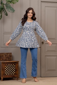 Women’s Cotton Floral Print Short <b>Kurti</b> Embroidered Casual <b>Top</b> for Spring Summer Wear - Product Image 1