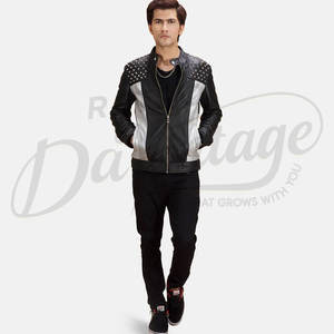 Chaqueta de Cuero para Hombre, Premium, Negra y Plateada con Tachuelas, Piel de Oveja Genuina, Estilo Punk Rock, Corte Ajustado, Chaqueta de Motociclista a la Moda - Product Image 3