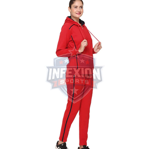 Ensemble de survêtement pour femmes, rouge, à capuche, manches longues, fermeture éclair, couleur unie, style sportif, matière polyester respirante, vêtements d'automne - Product Image 4